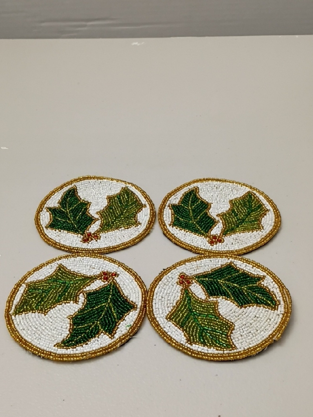 Vintage Beaded Holly Coasters - White, Green & Gold